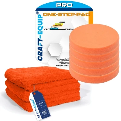 8er Pack Craft-Equip PRO Ø150mm RO Polierschwämme ONE-STEP ORANGE + Microfasertücher